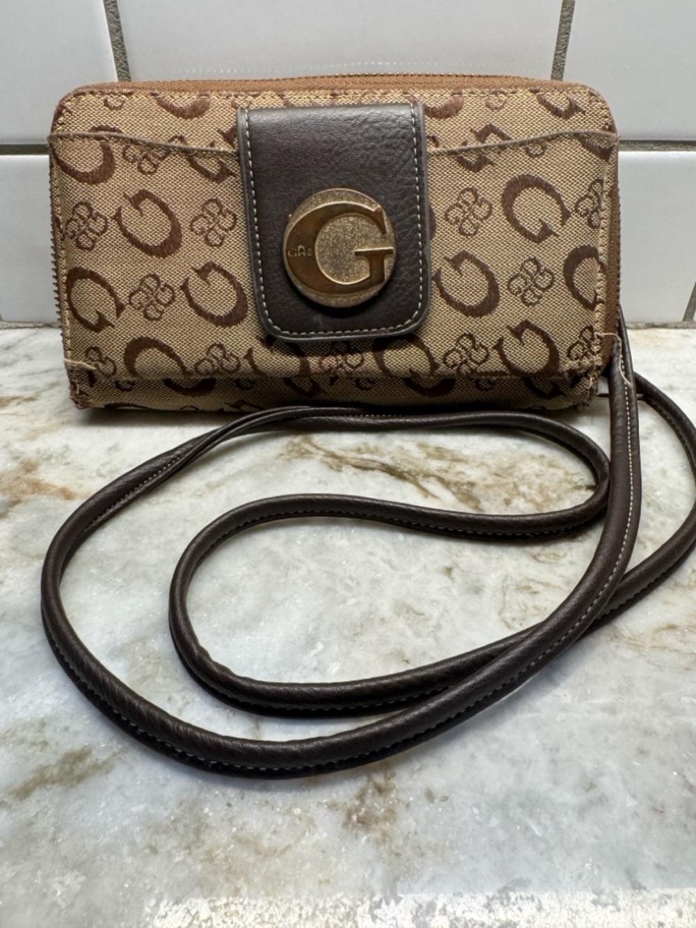 Guess Beige and Brown Logo Crossbody Wallet with Gold 'G' Accent